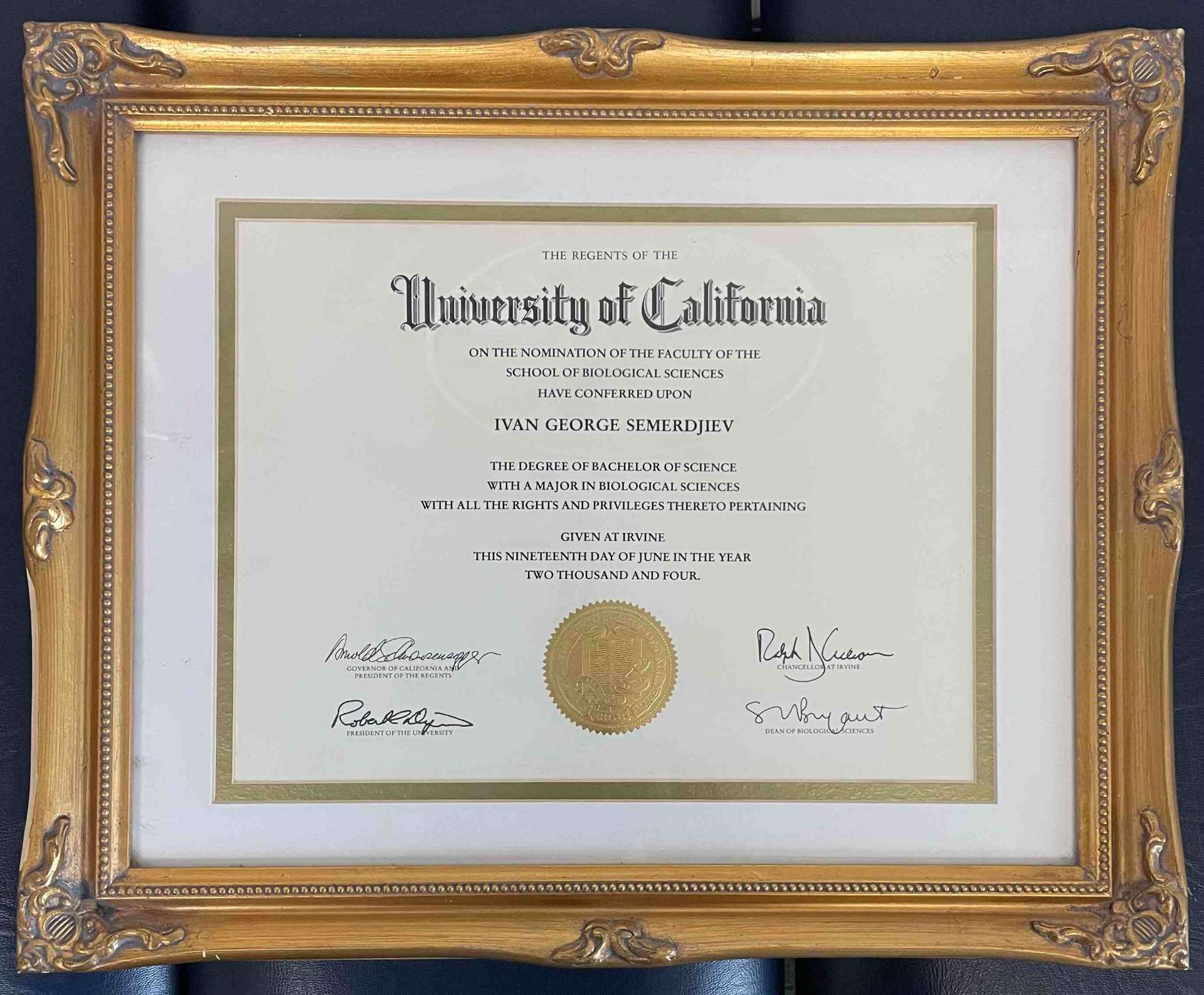 Bachelor of Science in Biological Sciences, UC Irvine, conferred upon Ivan George Semerdjiev, June 19, 2004