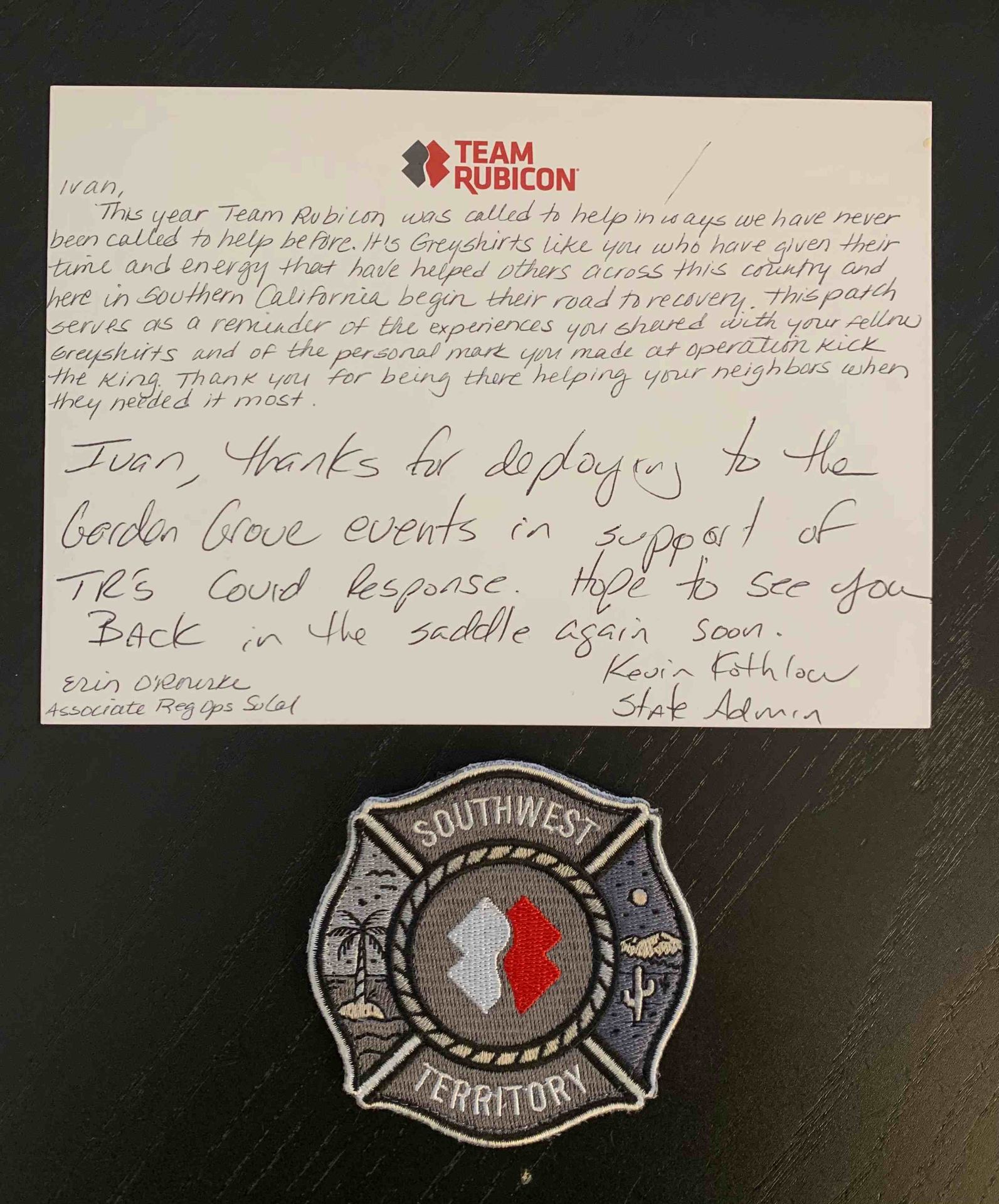 Handwritten thank-you note from Team Rubicon with Southwest Territory patch