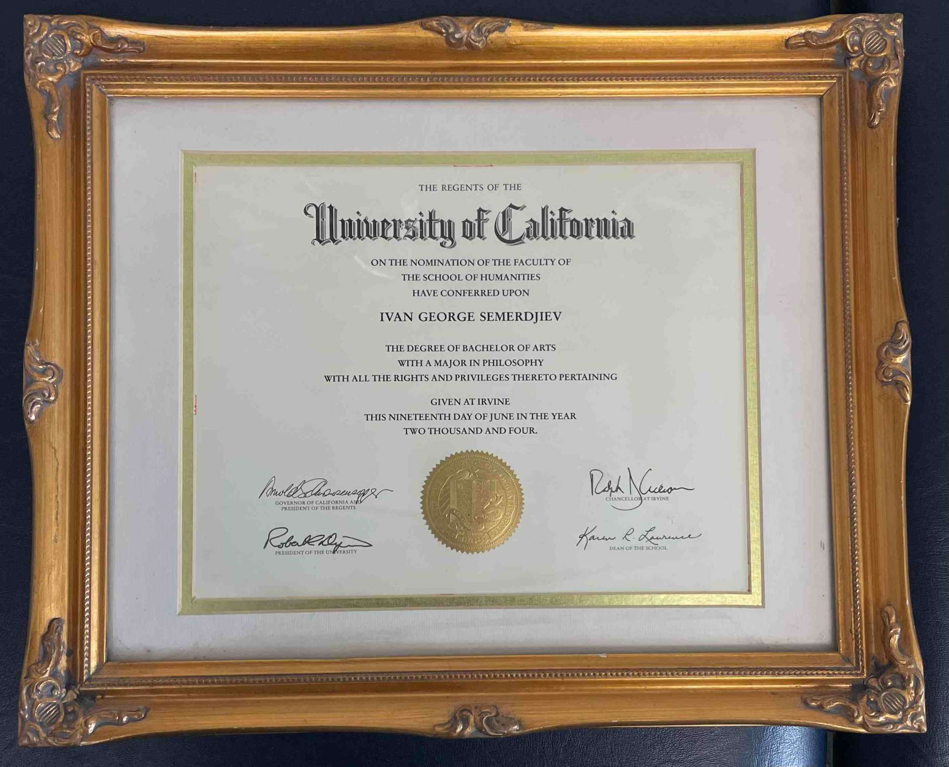 Bachelor of Arts in Philosophy, UC Irvine, conferred upon Ivan George Semerdjiev, June 19, 2004